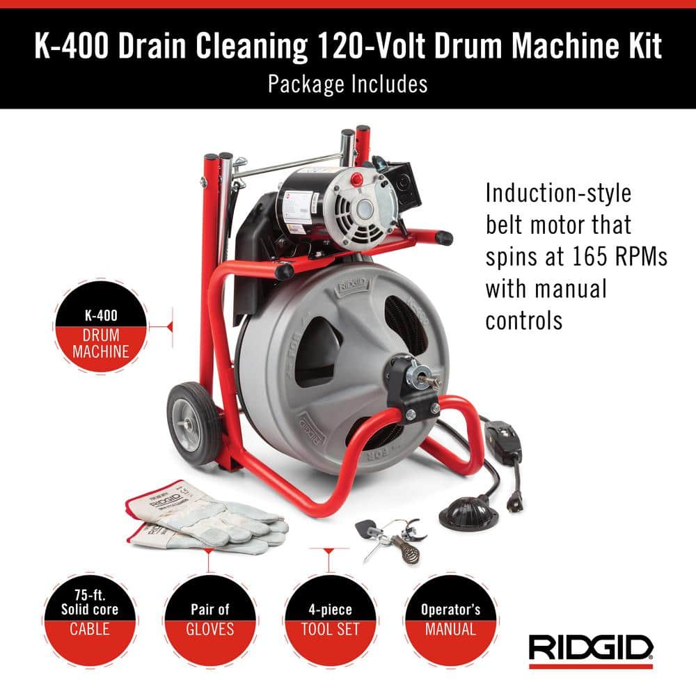 K-400 Máquina Desatascadora de Drenajes con Tambor de 120 Voltios con Cable C-32IW de 3/8 pulg. x 75 pies + Juego de Herramientas de 4 Piezas y Guantes 52363