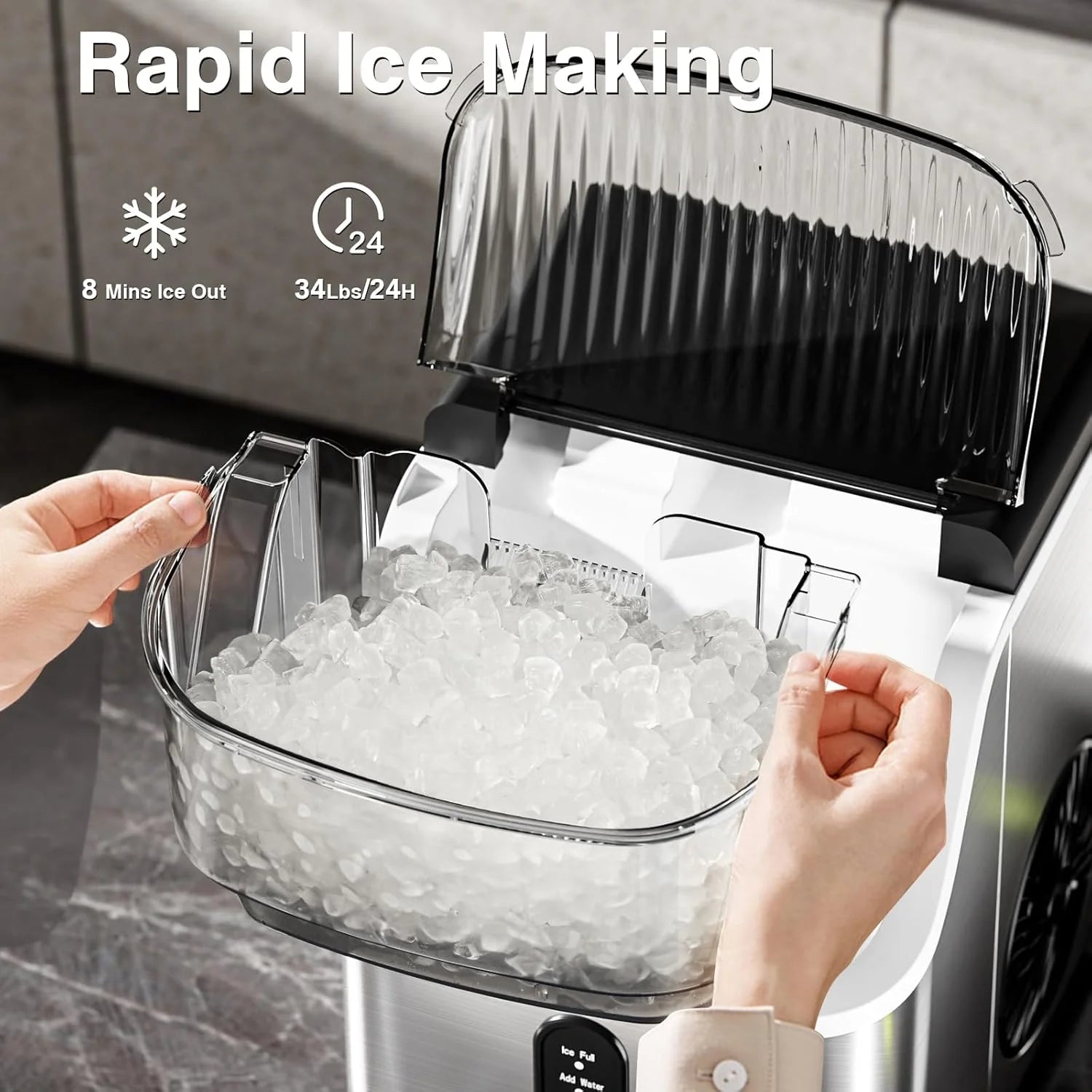 2025 Máquina de hielo tipo nugget para encimera, hielo en trozos masticables, 15 kg/24 h, autolimpiante, hielo sónico, operación con un solo botón, para cocina u oficina, acero inoxidable plateado