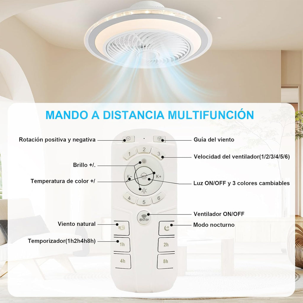 oxylops – Ventilador de Techo con Luz LED, 5 Aspas, 40W Luz, Motor DC 12W, 6 Velocidades, 3 Tonos de Luz, Silencioso, Ideal para Dormitorio, Salón, Estudio o Cocina