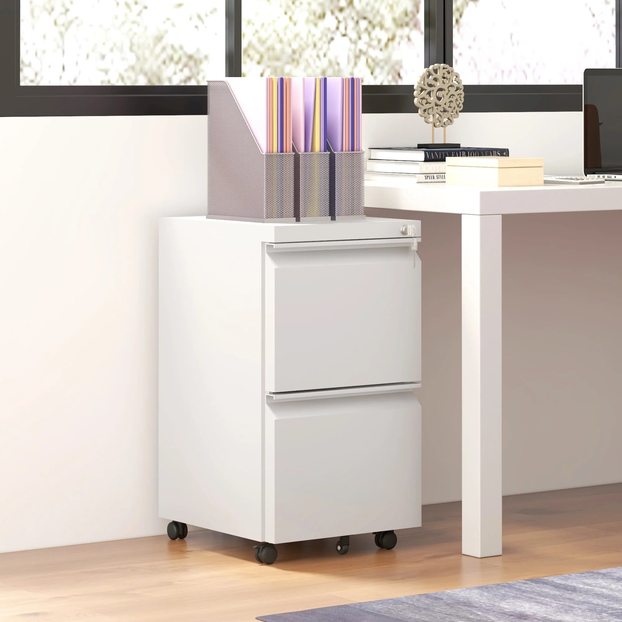 Archivador Móvil con 2 Cajones, Mueble de Archivo Cerrable de Acero, Cuerpo Preensamblado, Blanco