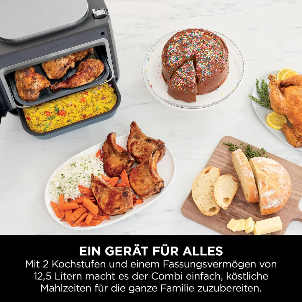 2025 Ninja Combi Multicooker 12 en 1, Horno y Freidora de Aire Caliente, 12 Funciones de Cocción, Air Fryer y Parrilla, Preparación en 15 Min*, con Plancha, Sartén, Rejilla Crisper, Guía de Recetas, Gris, SFP700EU