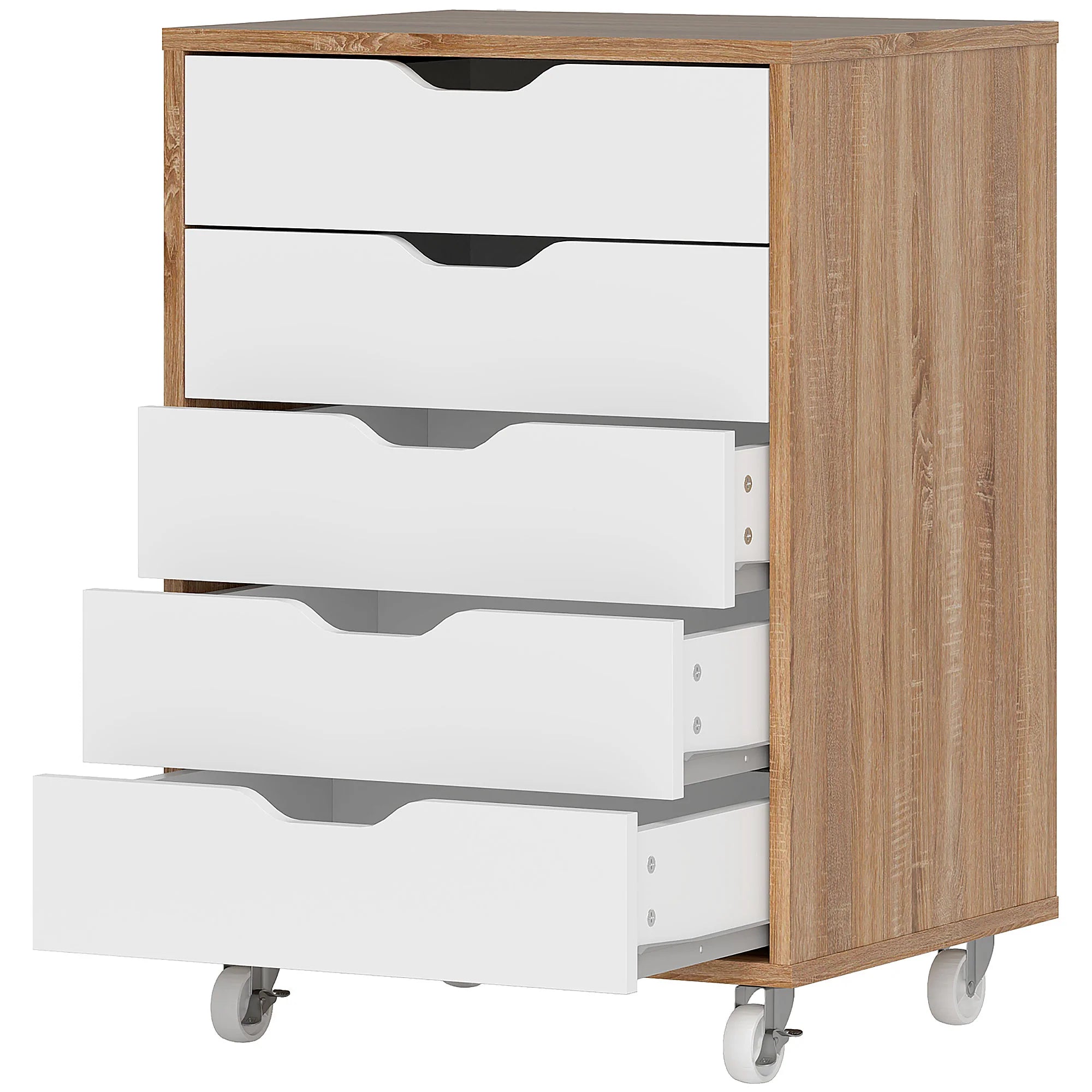 Cajonera Vertical de 5 Cajones, Mueble de Oficina Móvil con Ruedas, Roble