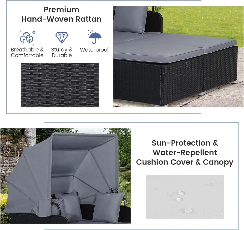 RELAX4LIFE Cama de Jardín Exterior con Dosel, Tumbona de Resina Trenzada con Cojines, 4 Almohadas y 2 Bandejas Laterales Retráctiles, Cama Lounge para 2 Personas para Piscina, Porche, Jardín, Cama de Exterior de Ratán (Turquesa)