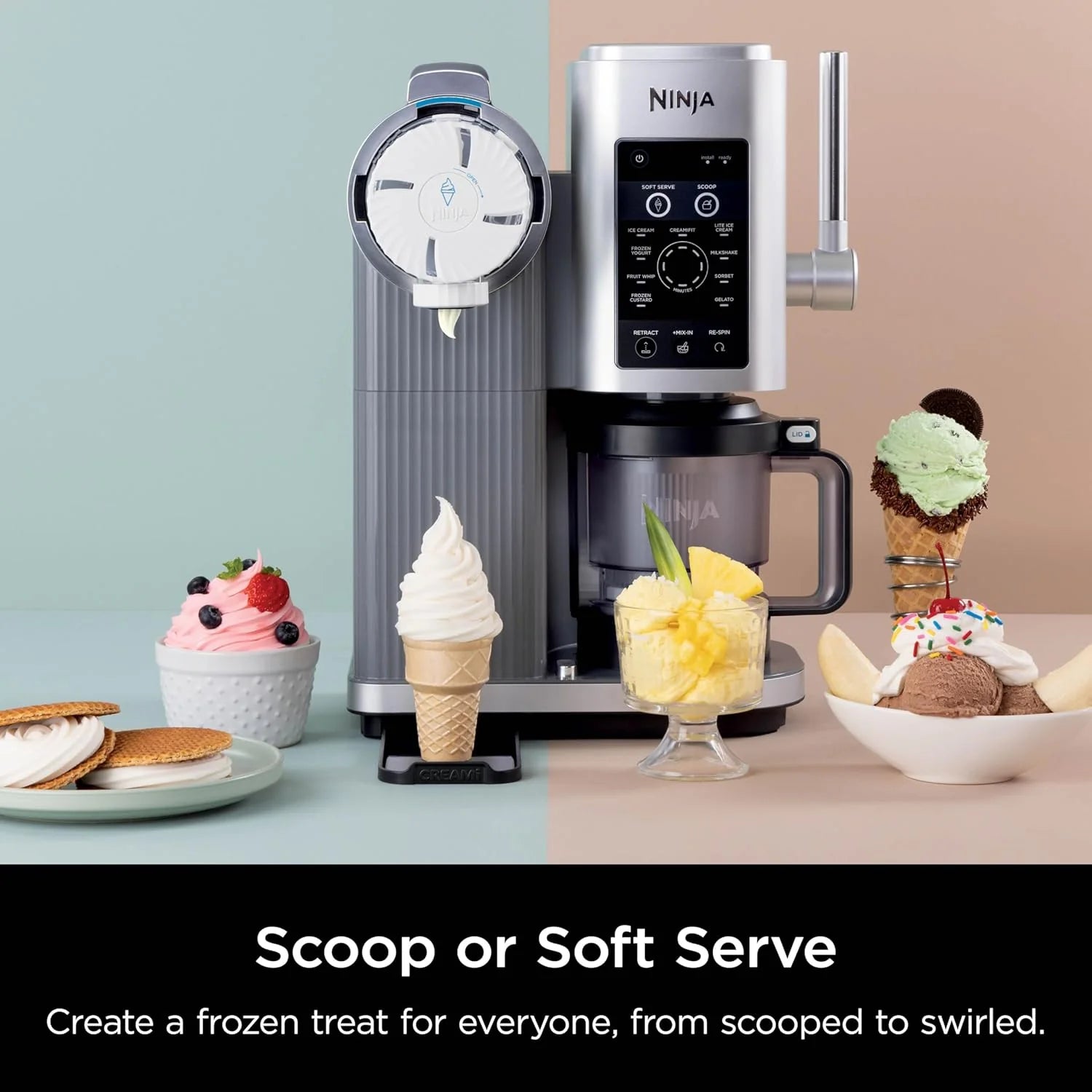 2025 Máquina de helados y crema suave Ninja Swirl by CREAMi, sorbetes, batidos, yogur helado, programa bajo en calorías y más, 13 en 1, con palanca de crema suave, (2) recipientes CREAMi Swirl de 16 oz, para niños y todas las edades, modelo NC701