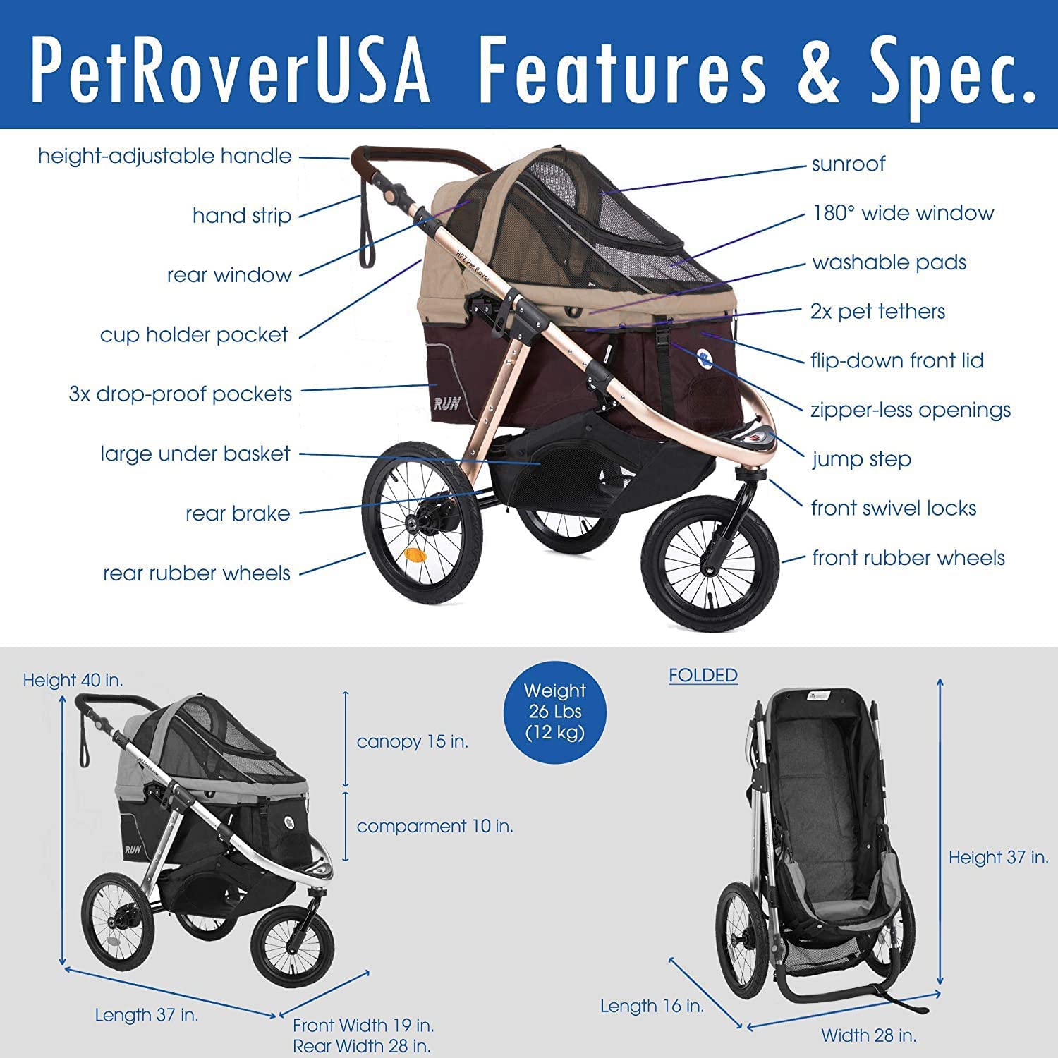 Coche Deportivo para Correr con Ruedas de Goma Confort / Entrada sin Cremallera / Plegado Rápido con Una Mano / Estructura de Aluminio para Perros, Gatos y Mascotas Pequeñas o Medianas (Camuflaje Verde)