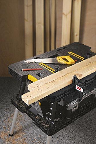 Keter – Banco de Trabajo Plegable Modelo 197283 para Sierra Ingleteadora, Herramientas y Accesorios de Carpintería con Abrazaderas de Madera de 12 Pulgadas Incluidas – Fácil Almacenamiento en Garage, Color Negro/Amarillo