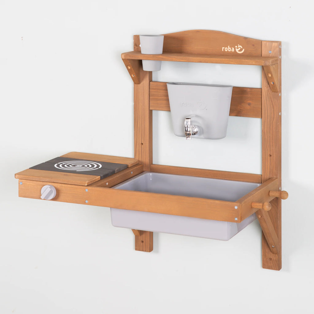 Cocina de juego al aire libre con accesorios – Madera certificada FSC – Acabado en gris grabado