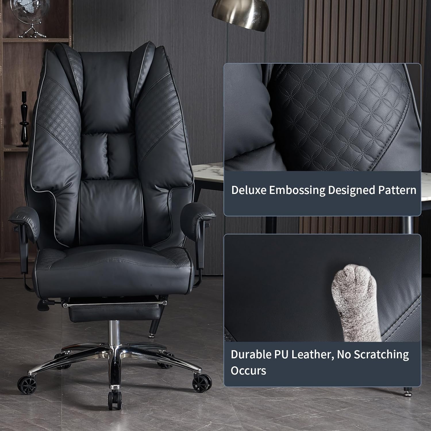Silla de Oficina Alta y Ancha para 400 lbs, Silla Ejecutiva de Cuero con Respaldo Alto y Reposapiés, Silla Ergonómica con Soporte Lumbar para Aliviar el Dolor de Espalda Baja (Beige)