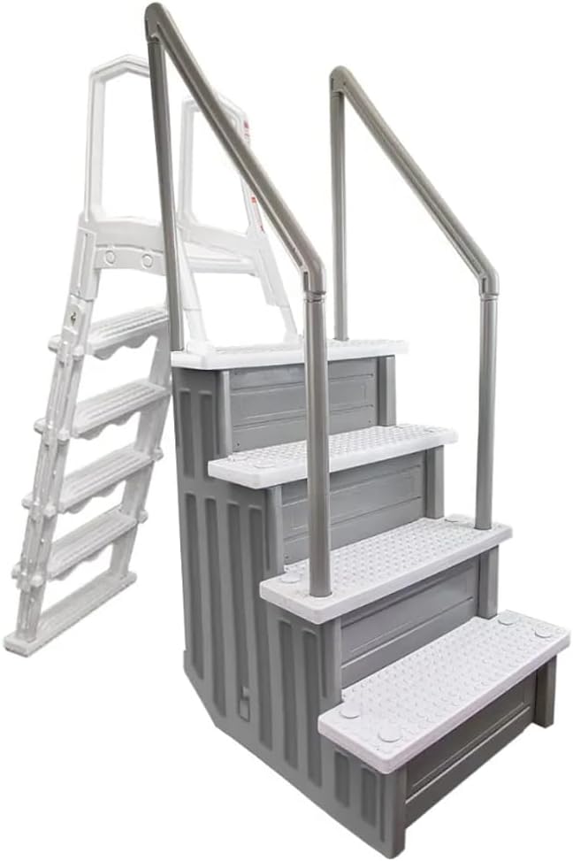Escalones antideslizantes Aqua Select para piscinas elevadas | Azul | Para piscinas sobre tierra | Se pueden montar en terrazas de 48" a 54" de altura | Escalera de seguridad con capacidad hasta 250 lbs