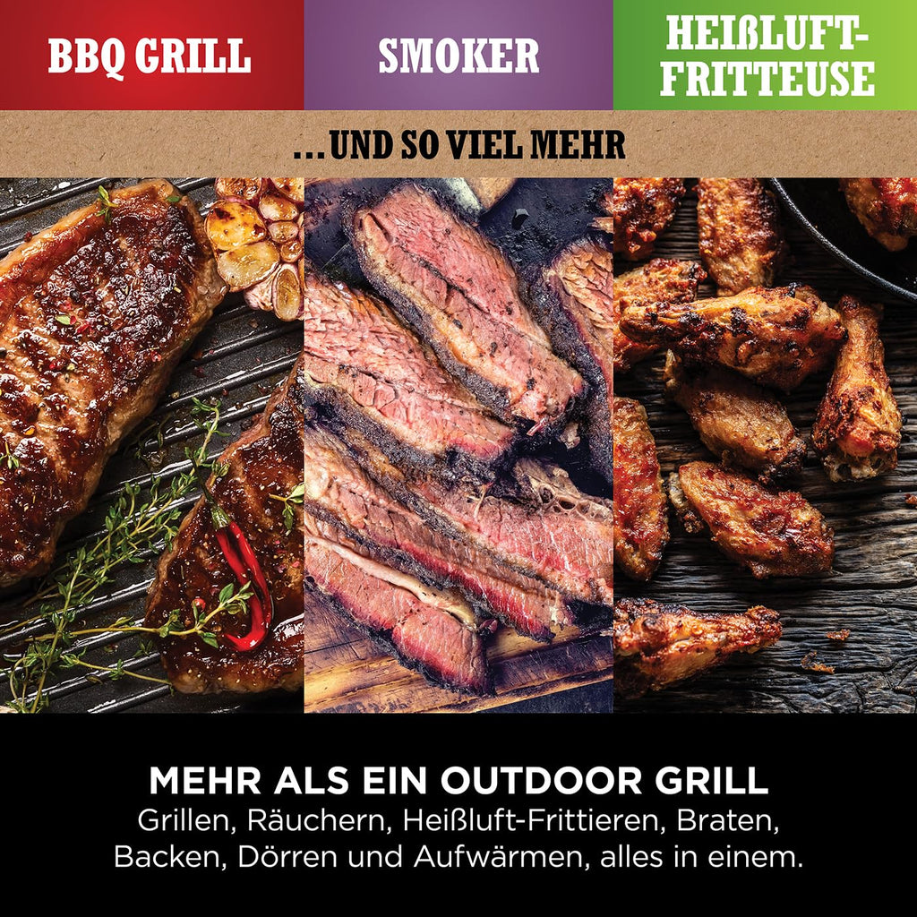 2025 Ninja Woodfire Grill Eléctrico & Ahumador & Freidora de Aire, Parrilla Exterior 7 en 1, Air Fry, Ahumado, Asado, Cocción, Resistente a la Intemperie, Antiadherente, Portátil, Eléctrico, Gris/Negro OG701EU
