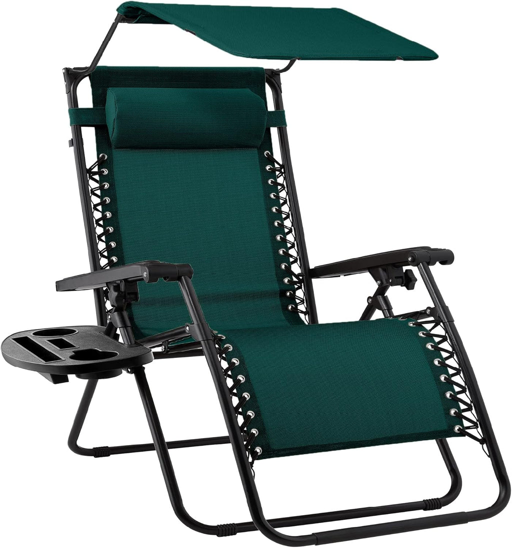 Best Choice Products – Silla Reclinable de Patio con Gravedad Cero, Ajustable y Plegable para Exteriores con Dosel, Almohada Cervical y Bandeja Lateral, Textileno – Azul Pavo Real