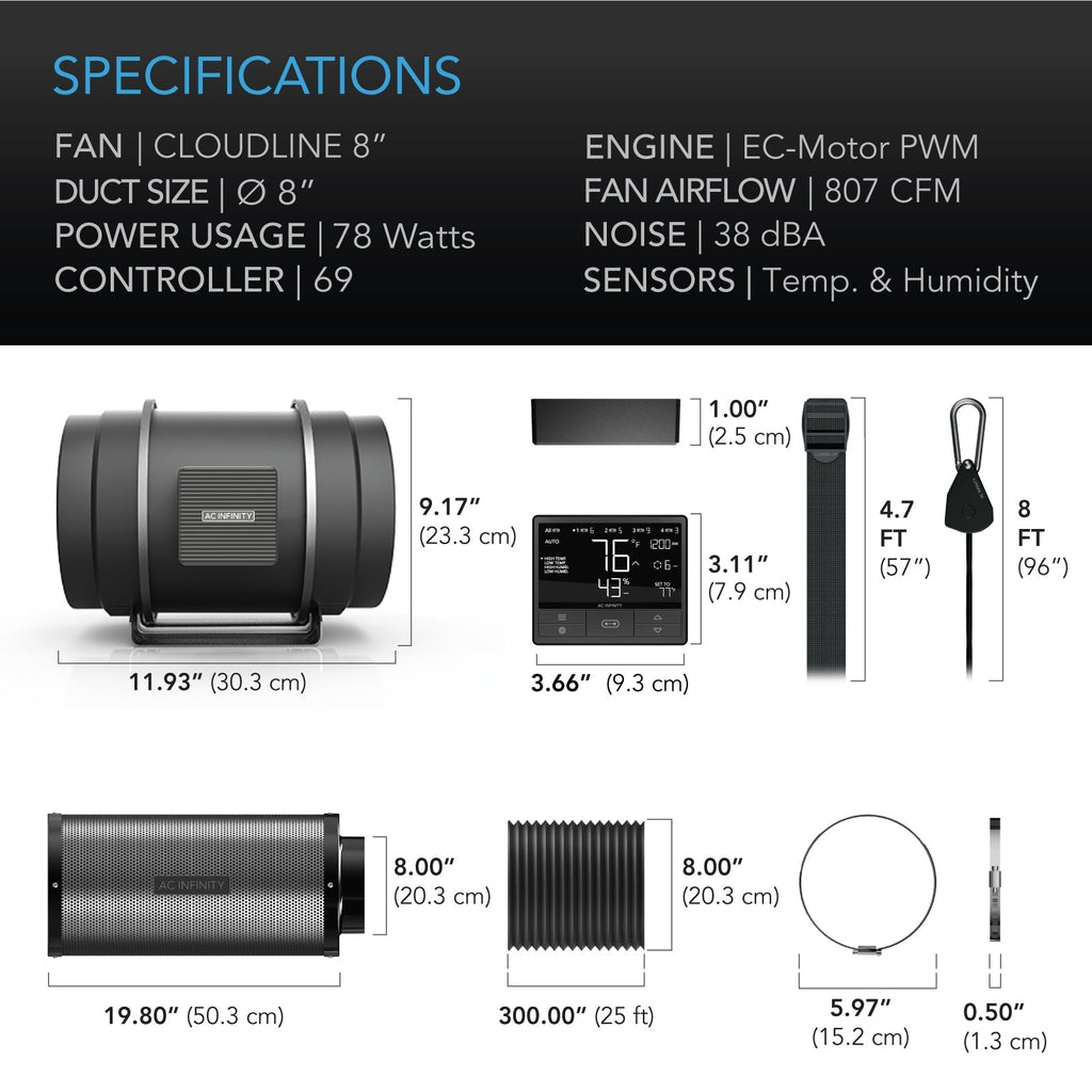 Kit de Filtración de Aire AC Infinity PRO de 8”, CLOUDLINE con CONTROLADOR 69, Filtro de Carbón y Conducto, Sistema de Refrigeración y Ventilación para Carpas de Cultivo, Hidroponía y Jardinería Interior