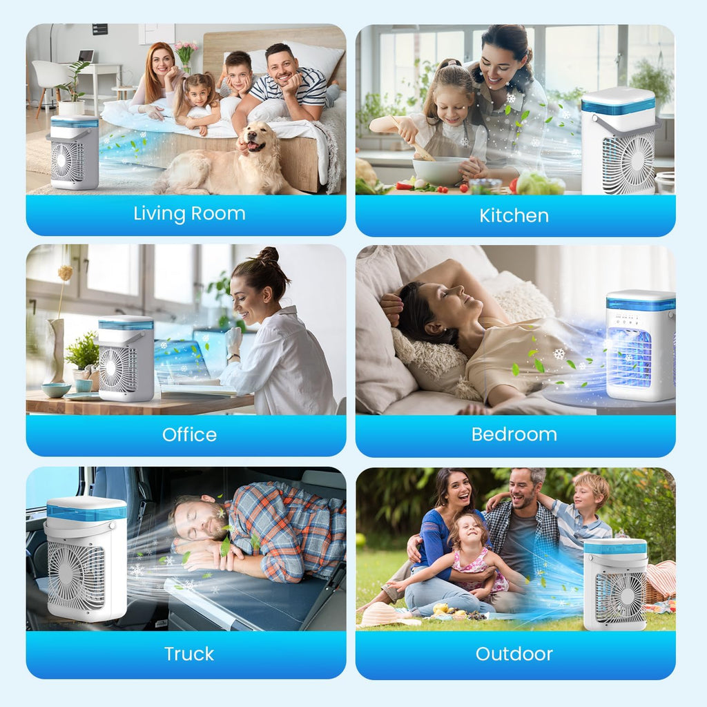 AIMIUVEI Mini Aire Acondicionado Portátil, Enfriador de Aire 5 en 1, Ventilador con Tanque de 1000 ml, 3 Velocidades, 2 Modos de Nebulización, Temporizador de 2-4 horas, Ventilador Refrigerador con 7 Luces LED para Dormitorio y Oficina