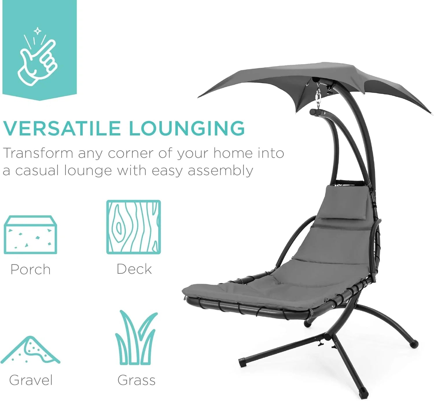 Chaise Longue Suspendue de Exterior Best Choice Products – Silla Balancín Curvada de Acero con Cojín Integrado y Toldo Desmontable – Gris Carbón