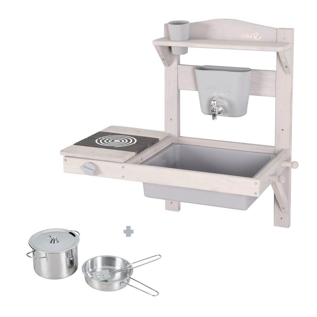 Cocina colgante de juego y barro con accesorios – Madera certificada FSC – Acabado en gris grabado