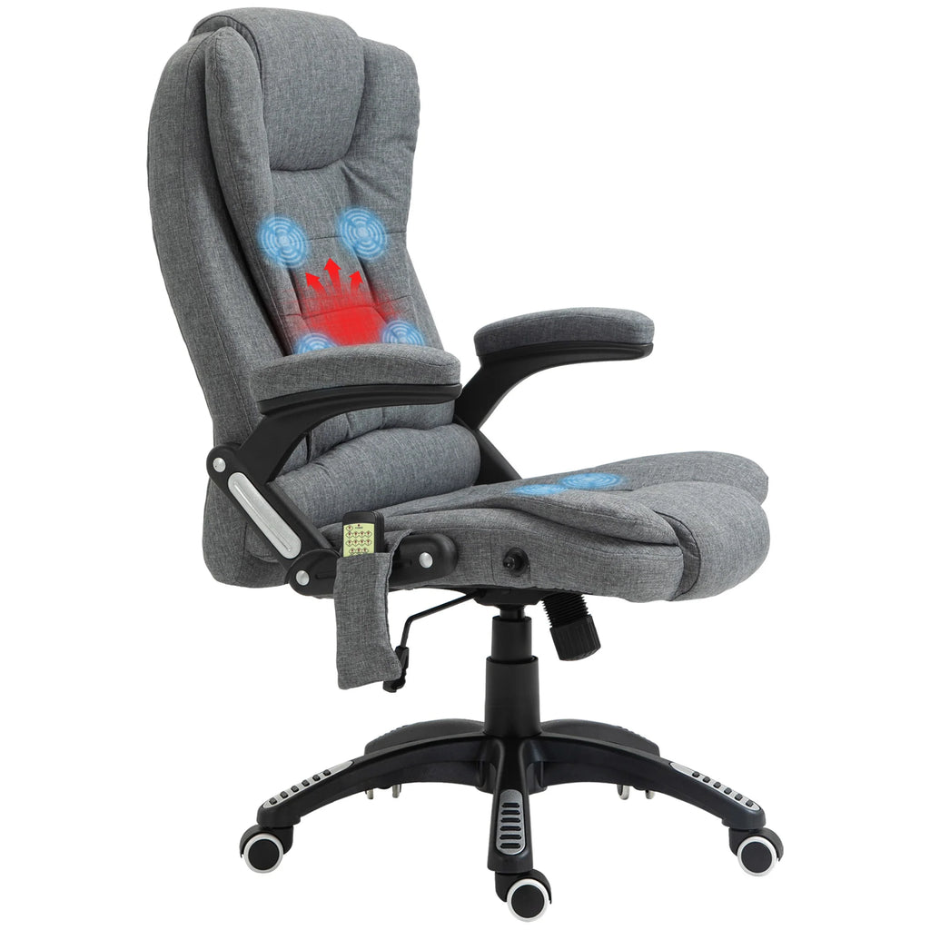 Silla de Oficina Ergonómica con Masaje de 6 Puntos y Calefacción en la Espalda, Tela Tipo Lino, Gris