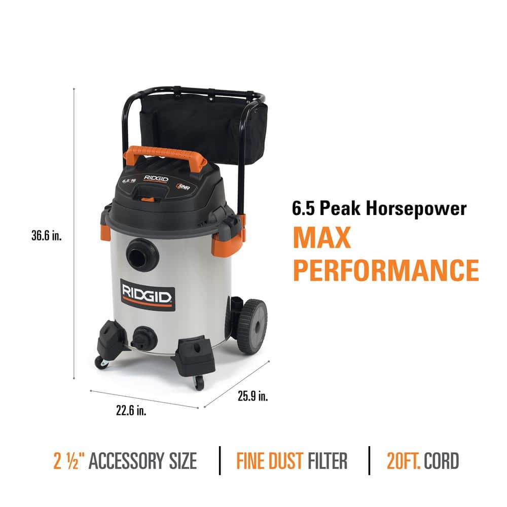 2025 Aspirador NXT Wet/Dry de 16 galones y 6.5 HP pico en acero inoxidable con filtro de polvo fino, manguera de bloqueo y accesorios WD1956