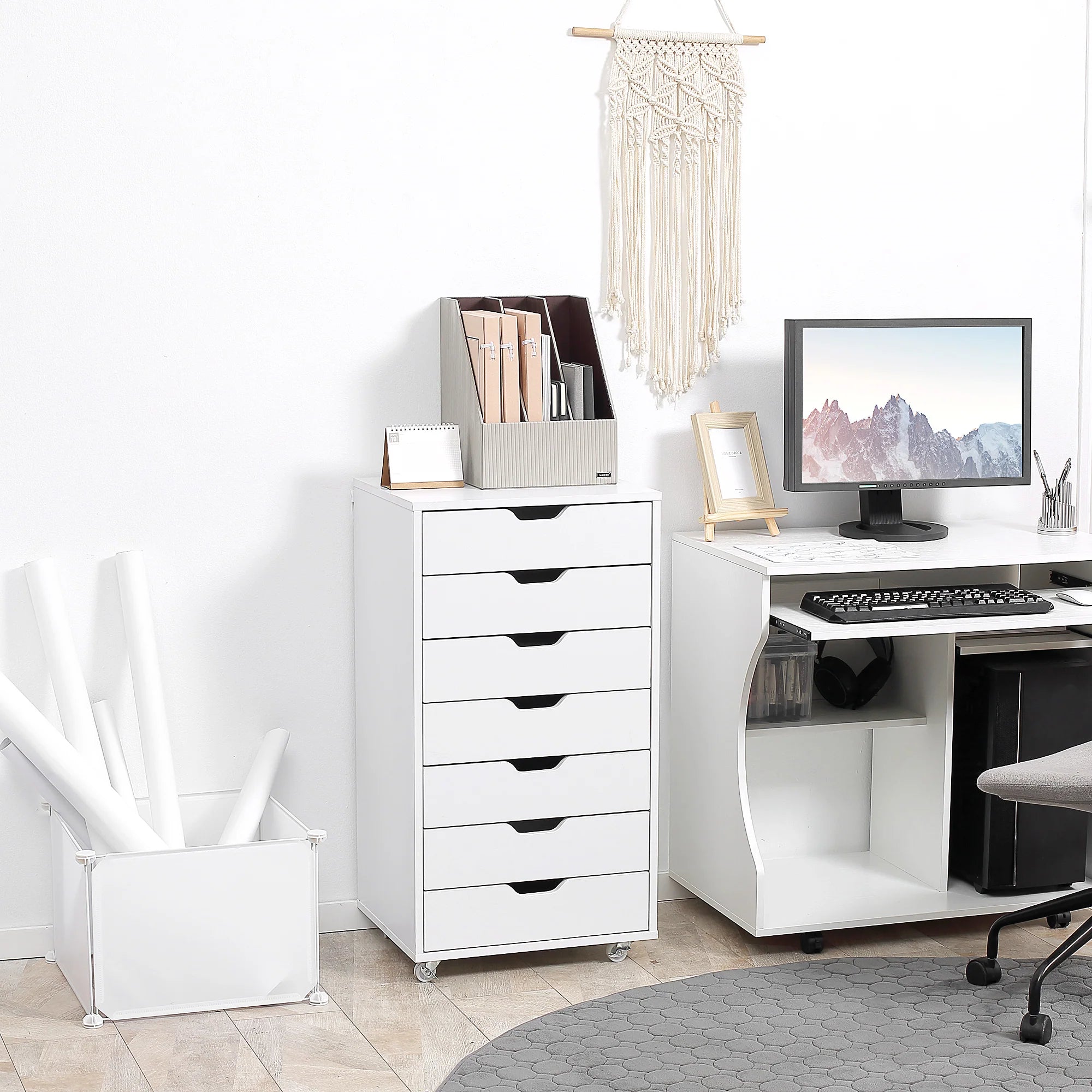 Cajonera Vertical de 7 Cajones, Mueble de Oficina Móvil con Ruedas, Blanco