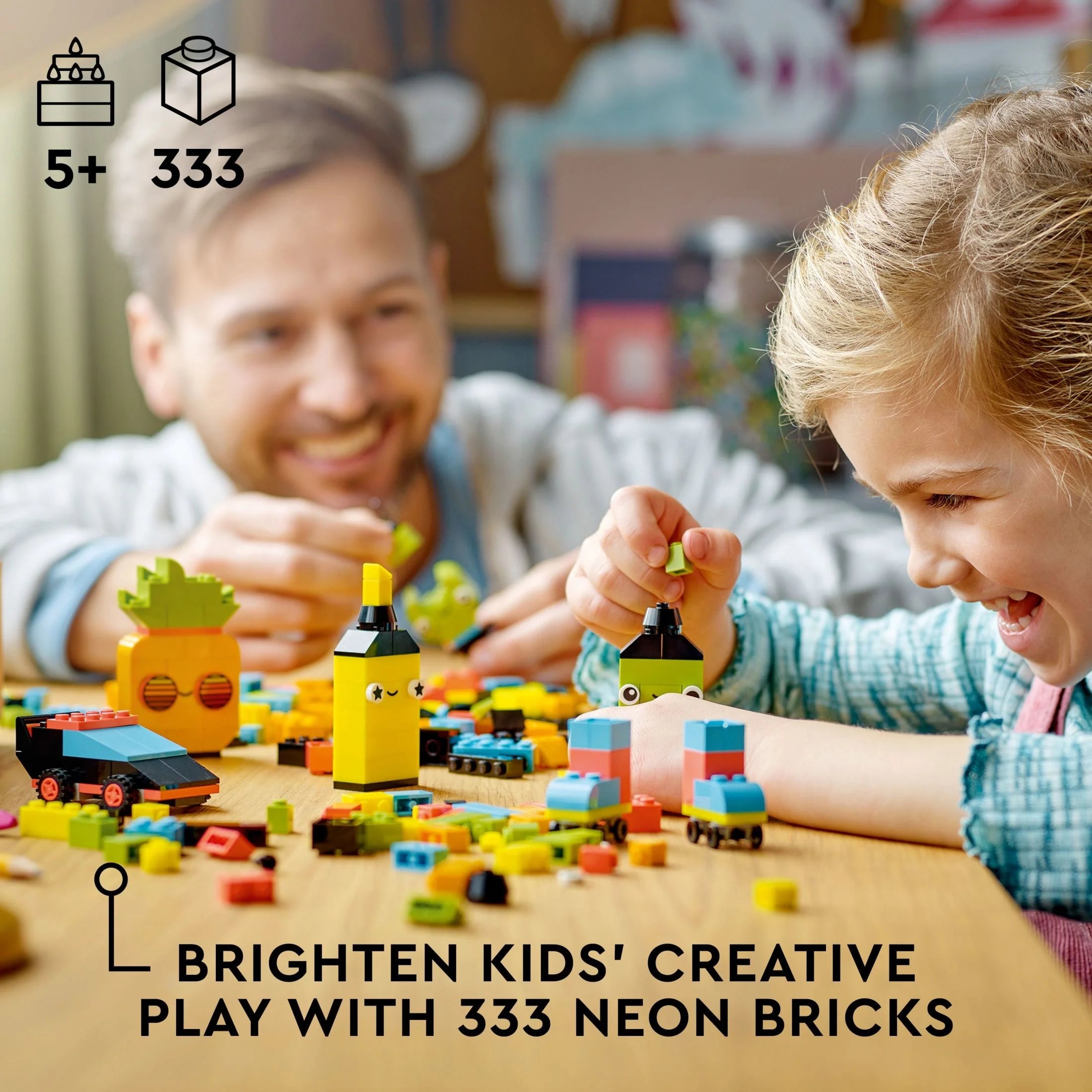 LEGO Classic Caja de Ladrillos Creativos de Colores Neón Set 11027, Juguete de Construcción para Crear un Coche, Piña, Extraterrestre, Patines y Más Ideas para Construir, para Niños y Niñas de 5 Años en Adelante