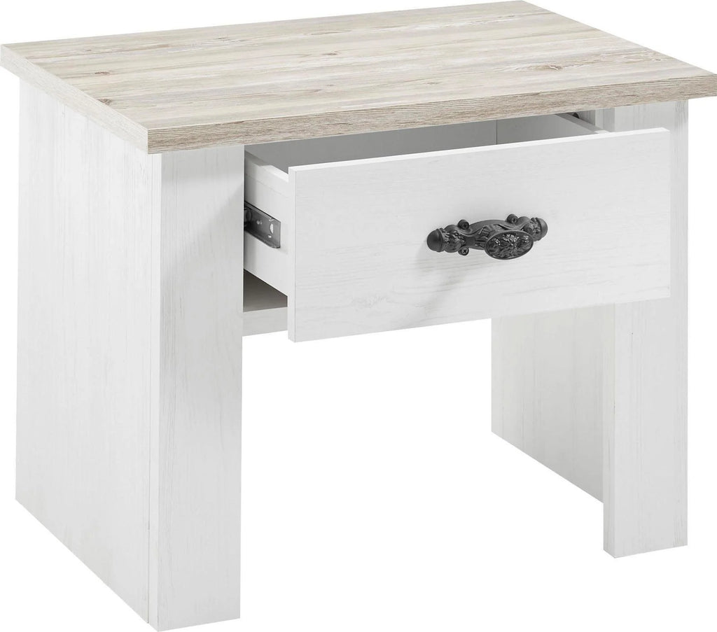 Mesita de noche Florenz blanca con aspecto de madera, 1 cajón, 58 cm de ancho