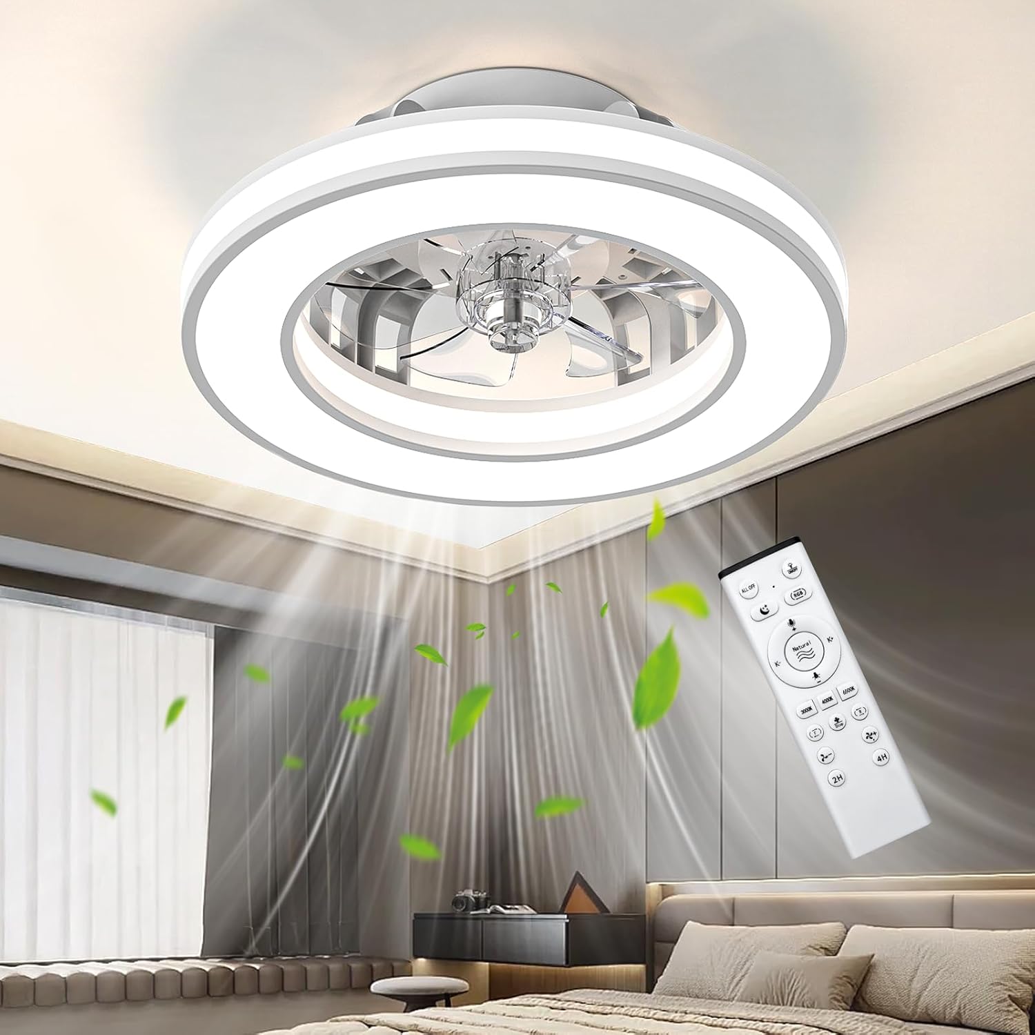 Ventilador de Techo con Luz 40.5 cm, Ventilador Silencioso de 20 W, Regulable 3000K-4000K-6500K, 6 Velocidades con Control Remoto, Temporizador, Memoria de Luz, Ventilador Reversible