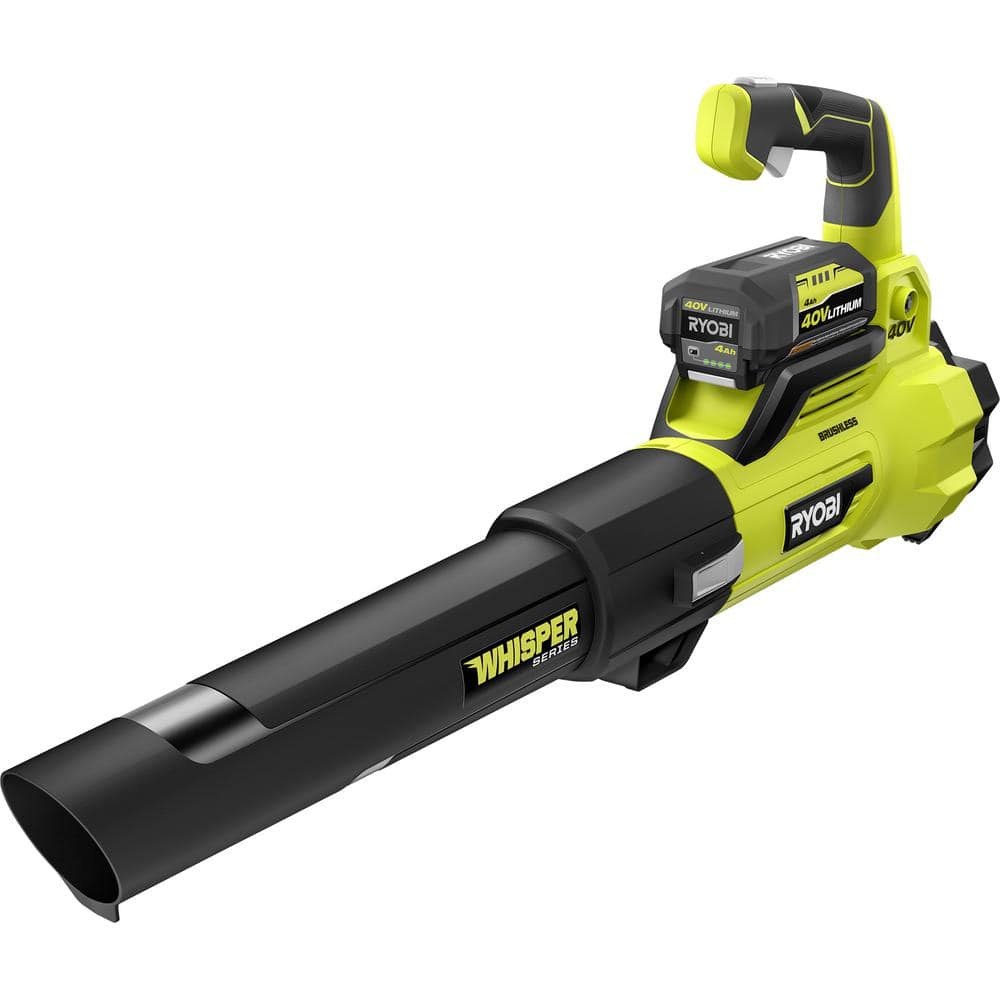 Soplador a Batería Inalámbrico RYOBI Whisper Series 40V Brushless con Motor Sin Escobillas, Velocidad de 125 MPH y Flujo de Aire de 550 CFM, con Batería de 4.0 Ah y Cargador RY40470