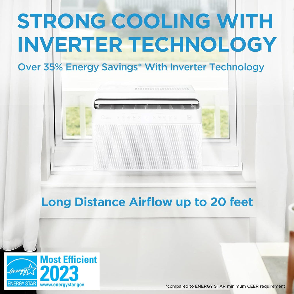 Midea 12,000 BTU Aire Acondicionado de Ventana Inverter Inteligente en Forma de U – Enfría hasta 550 pies², Ultra Silencioso con Flexibilidad para Ventanas Abiertas, Compatible con Alexa/Google Assistant, Ahorro de Energía del 35% (Renovado)