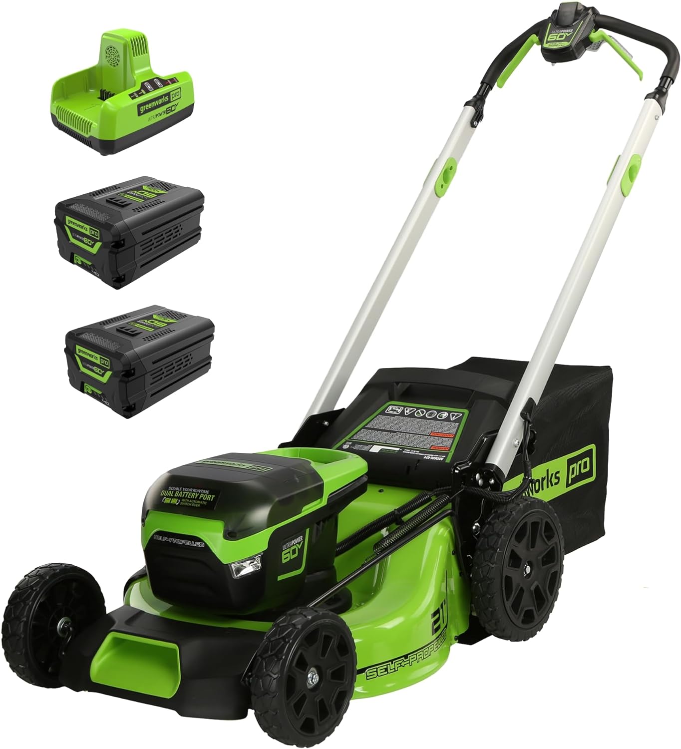 2025 Cortacésped Autopropulsado Inalámbrico Greenworks 60V 21” con 2 Baterías de 4.0Ah y Cargador Rápido de Doble Puerto
