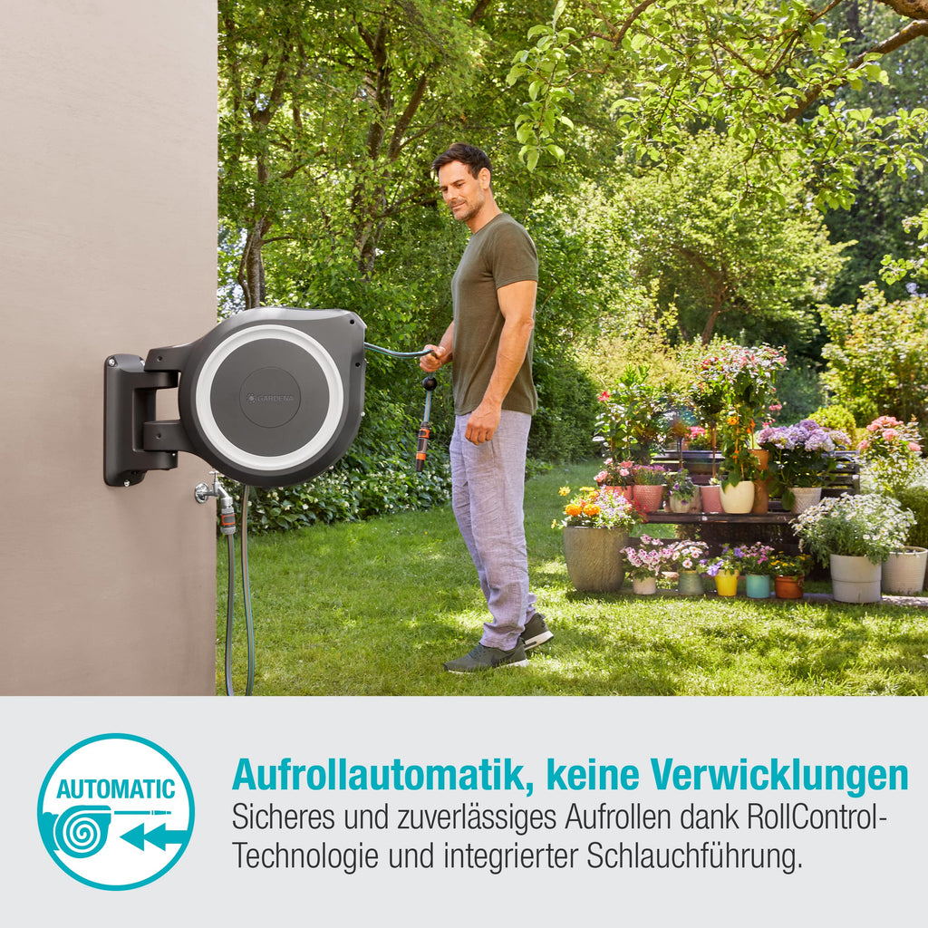 2025 Caja para Manguera de Pared Gardena RollUp M/L (Blanco) 25 m: Riego Flexible para Jardines Medianos y Grandes, Caja Giratoria con Manguera de 25 m y Accesorios de Montaje (18622-20)