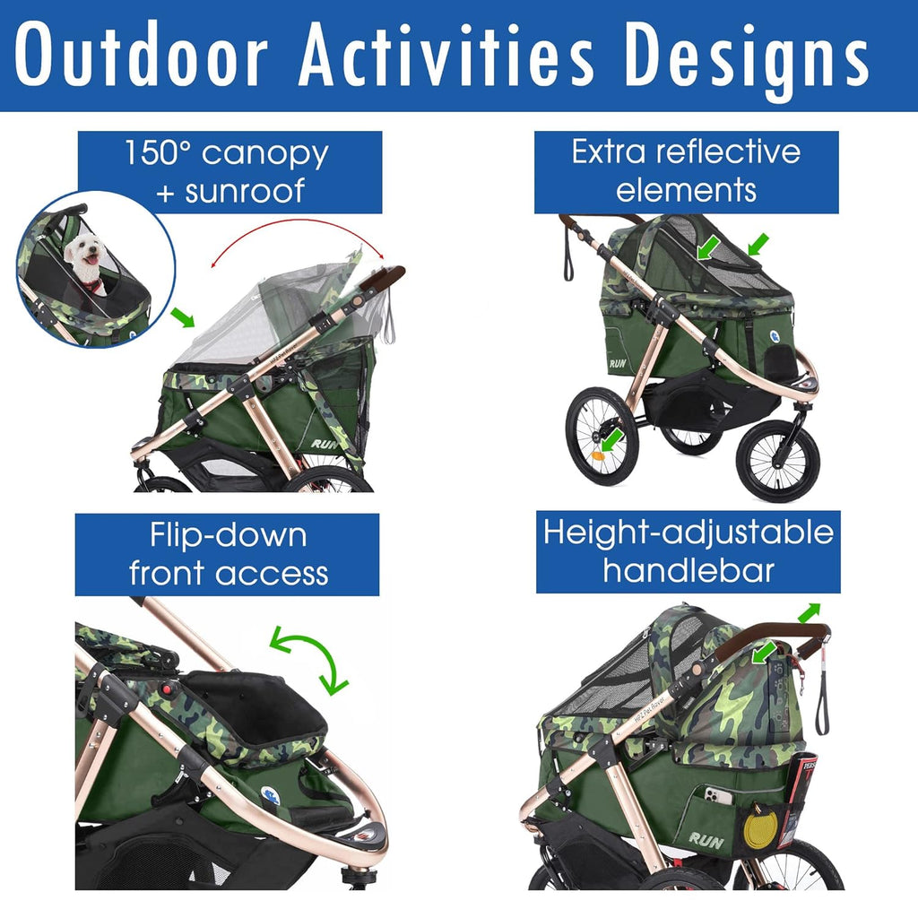 Coche Deportivo para Correr con Ruedas de Goma Confort / Entrada sin Cremallera / Plegado Rápido con Una Mano / Estructura de Aluminio para Perros, Gatos y Mascotas Pequeñas o Medianas (Camuflaje Verde)