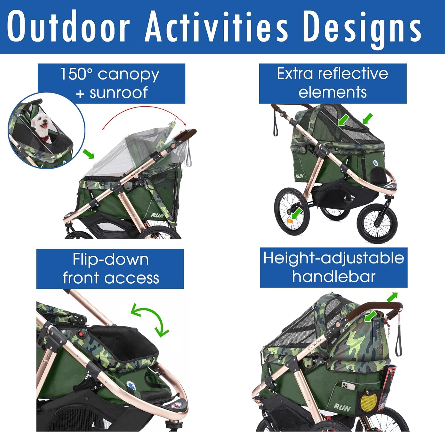 Coche Deportivo para Correr con Ruedas de Goma Confort / Entrada sin Cremallera / Plegado Rápido con Una Mano / Estructura de Aluminio para Perros, Gatos y Mascotas Pequeñas o Medianas (Camuflaje Verde)