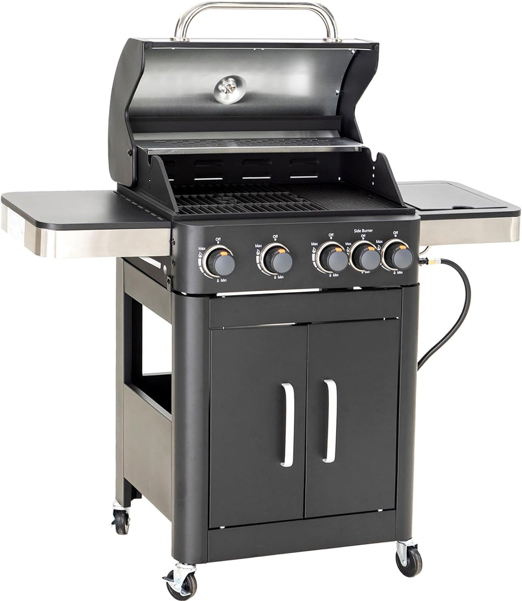 2025 Parrilla a Gas con Quemador Lateral y Parrilla de Hierro Fundido Esmalte Porcelánico 42,000 BTU, Parrilla Portátil de Acero Inoxidable, Propano