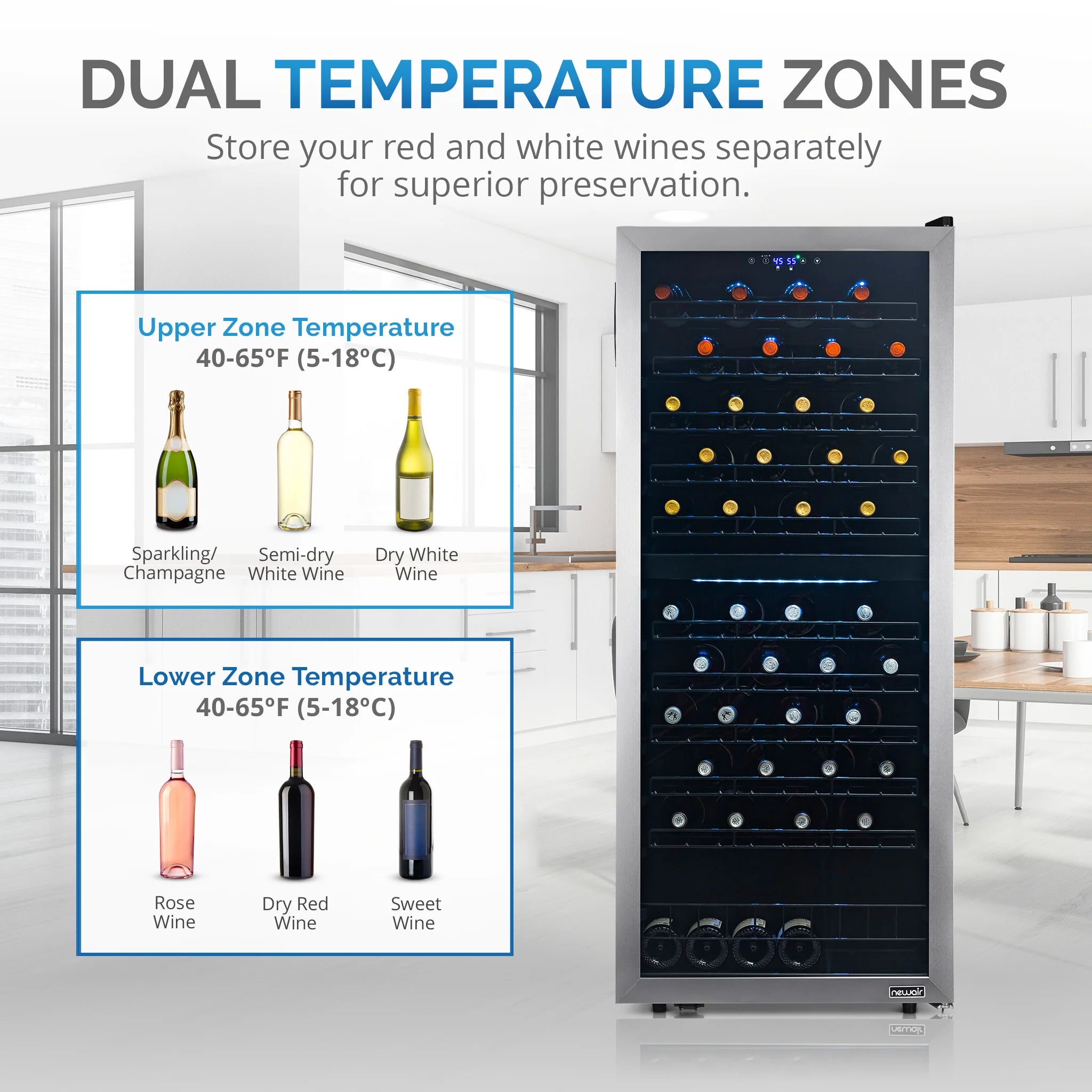 2025 Refrigerador de Vinos Independiente Newair® de Acero Inoxidable – 98 Botellas – 23" con Doble Zona