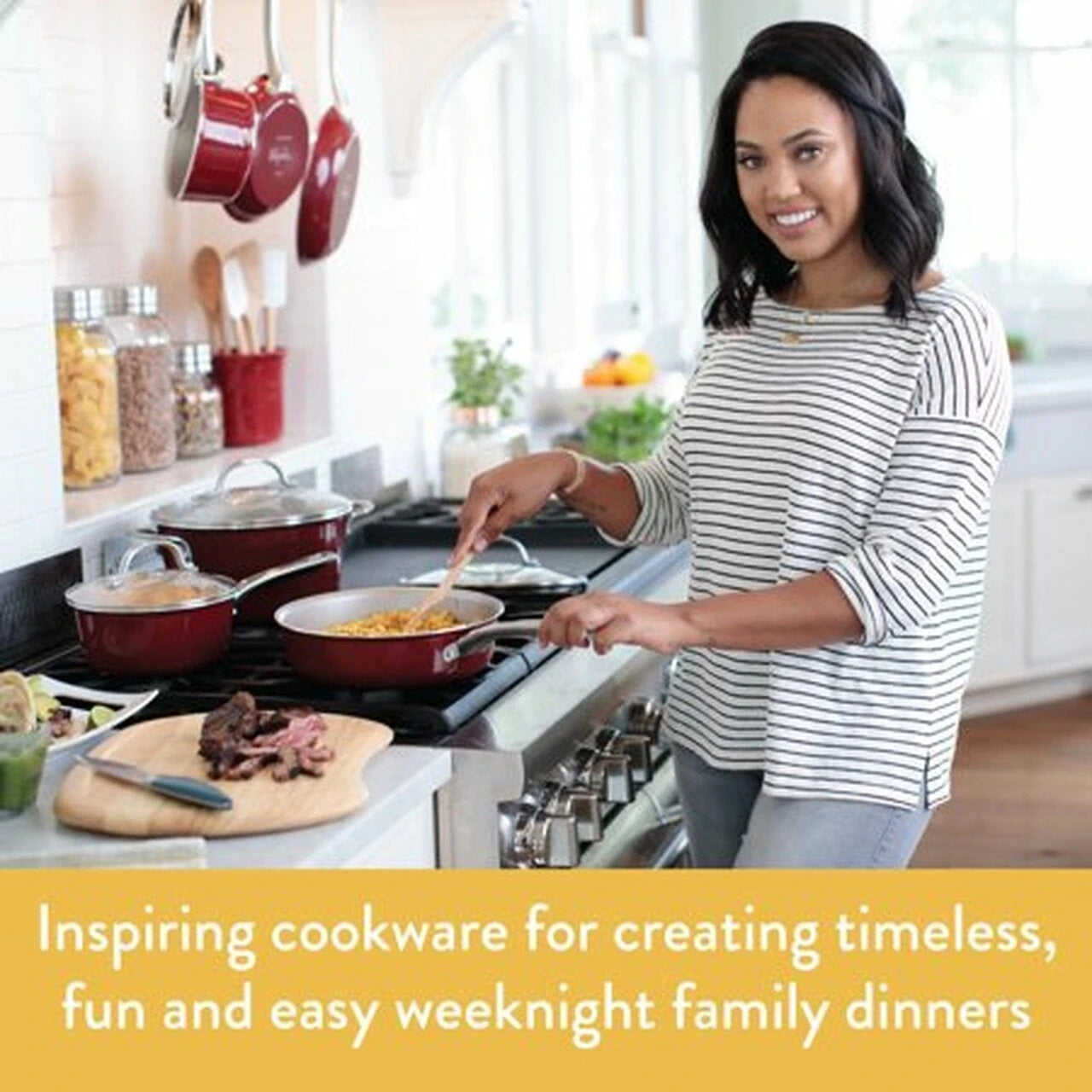 Juego de Ollas y Sartenes Antiadherente de Porcelana Esmaltada de 10 Piezas Ayesha Curry, Rojo Sienna