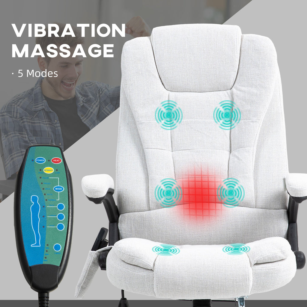 Silla de Oficina Ergonómica con Masaje de 6 Puntos y Calefacción en la Espalda, Tela Tipo Lino, Blanco Crema