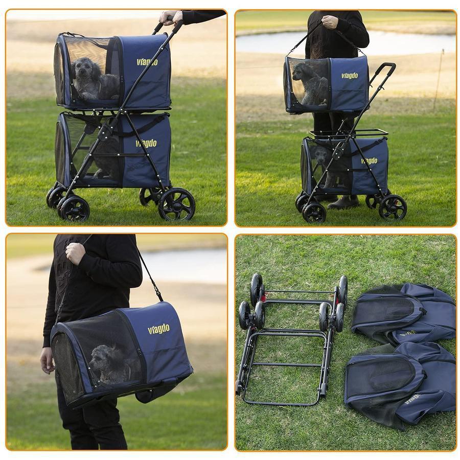 2025 Carrito Doble para Mascotas 42", para 2 Perros o Gatos, Plegable con Suspensión, Azul Marino