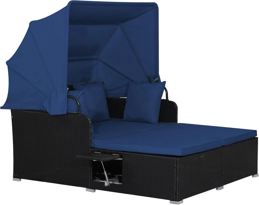RELAX4LIFE Cama de Jardín Exterior con Dosel, Tumbona de Resina Trenzada con Cojines, 4 Almohadas y 2 Bandejas Laterales Retráctiles, Cama Lounge para 2 Personas para Piscina, Porche, Jardín, Cama de Exterior de Ratán (Turquesa)