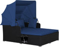 RELAX4LIFE Cama de Jardín Exterior con Dosel, Tumbona de Resina Trenzada con Cojines, 4 Almohadas y 2 Bandejas Laterales Retráctiles, Cama Lounge para 2 Personas para Piscina, Porche, Jardín, Cama de Exterior de Ratán (Turquesa)