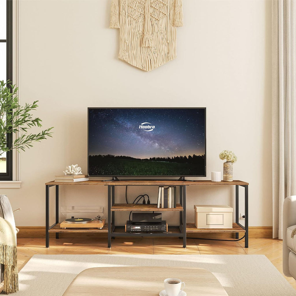 Mueble para TV con Enchufes Integrados para TVs de hasta 75 Pulgadas, Mesa Consola con Estantes Abiertos, Centro de Entretenimiento Industrial para Sala o Dormitorio, Color Marrón Rústico y Negro BF60DS01