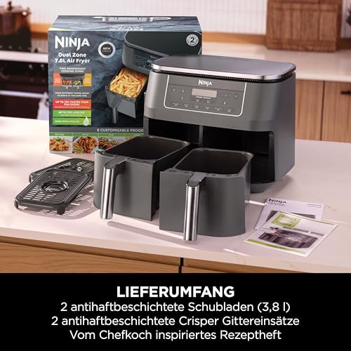 2025 Freidora de aire digital Ninja Dual Zone, 2 cajones, 6 en 1, sin aceite, capacidad 7,6 L, cocción con aire caliente, función Max Crisp, asar, hornear, recalentar, cestas aptas para lavavajillas, gris metálico DZ300EU