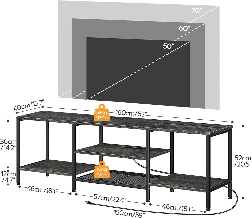 Mueble para TV con Enchufes Integrados para TVs de hasta 75 Pulgadas, Mesa Consola con Estantes Abiertos, Centro de Entretenimiento Industrial para Sala o Dormitorio, Color Marrón Rústico y Negro BF60DS01