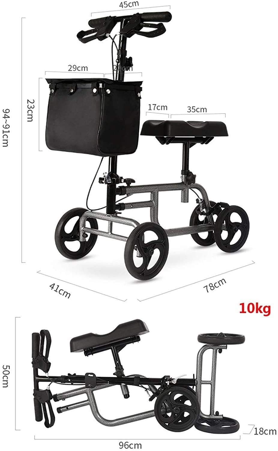 2025 Andador de Rodilla con 4 Ruedas, Scooter de Rodillo Todo Terreno con Altura Ajustable y Bolsas de Almacenamiento