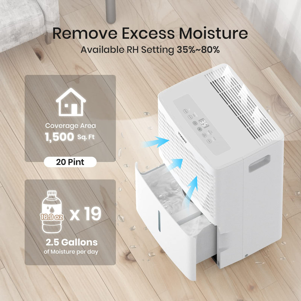 2025 Deshumidificador TOSOT de 20 Pintas para 1,500 pies cuadrados con certificación Energy Star - para Hogar, Sótano, Dormitorio o Baño - Súper Silencioso (Modelo Anterior de 30 Pintas)