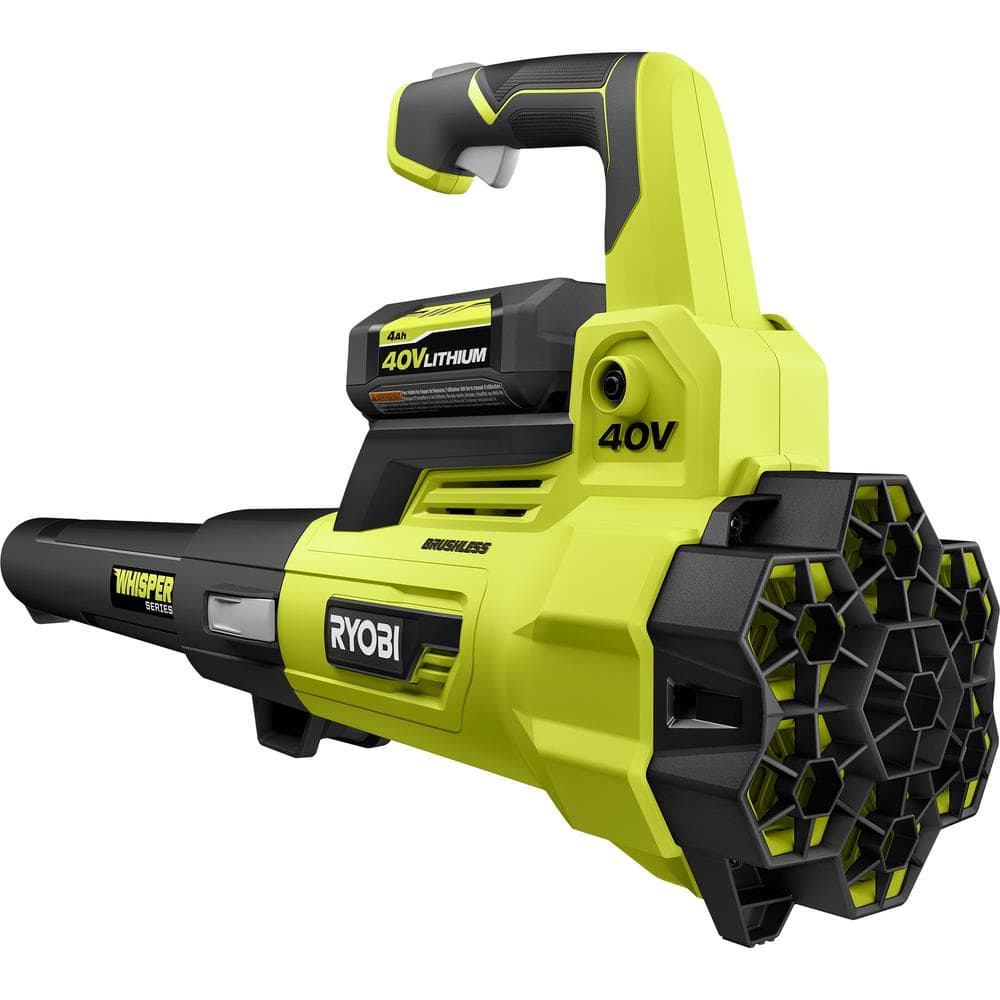 Soplador a Batería Inalámbrico RYOBI Whisper Series 40V Brushless con Motor Sin Escobillas, Velocidad de 125 MPH y Flujo de Aire de 550 CFM, con Batería de 4.0 Ah y Cargador RY40470