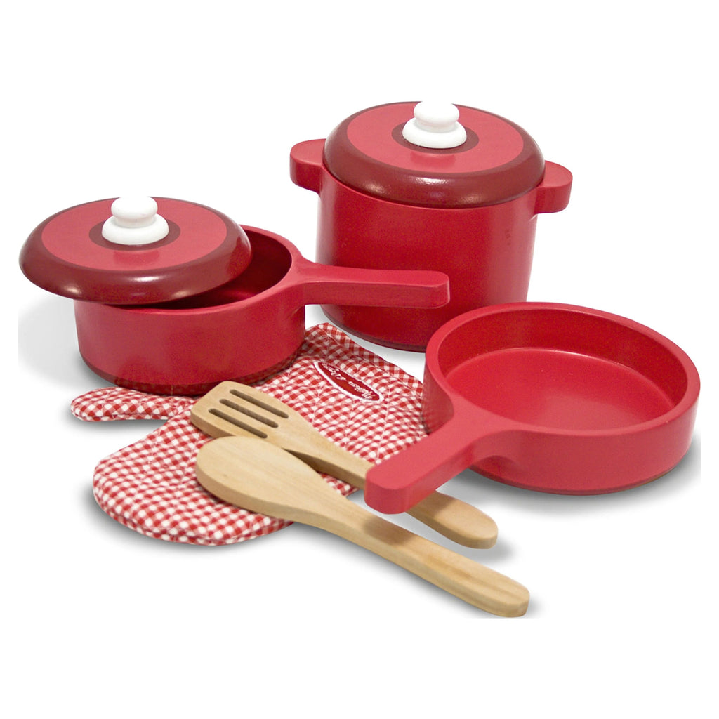 Melissa & Doug Set de Juego de Accesorios de Cocina de Madera Deluxe – Ollas y Sartenes (8 piezas)