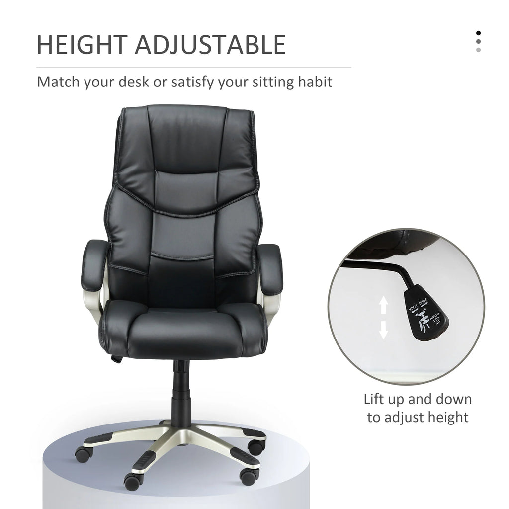 Silla de Oficina con Respaldo Alto, Sillón Giratorio de Cuero Sintético con Altura Ajustable, Negro