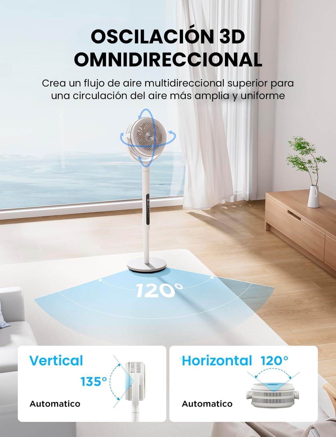Ventilador de Pie MIDEA 12 Velocidades con Control Remoto – Ventilador Silencioso con Oscilación de 120º + 135º – Ventilador con Temporizador, Filtro y Doble Aspa – Flujo de Aire hasta 24 metros