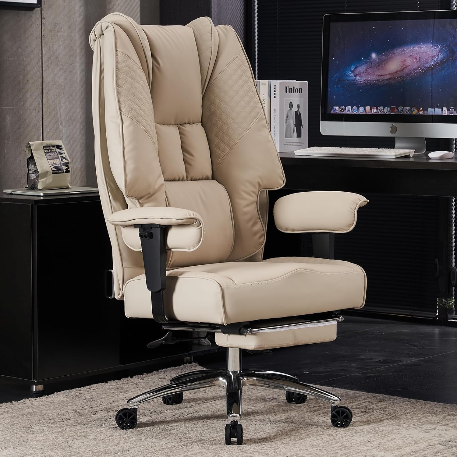 Silla de Oficina Alta y Ancha para 400 lbs, Silla Ejecutiva de Cuero con Respaldo Alto y Reposapiés, Silla Ergonómica con Soporte Lumbar para Aliviar el Dolor de Espalda Baja (Beige)
