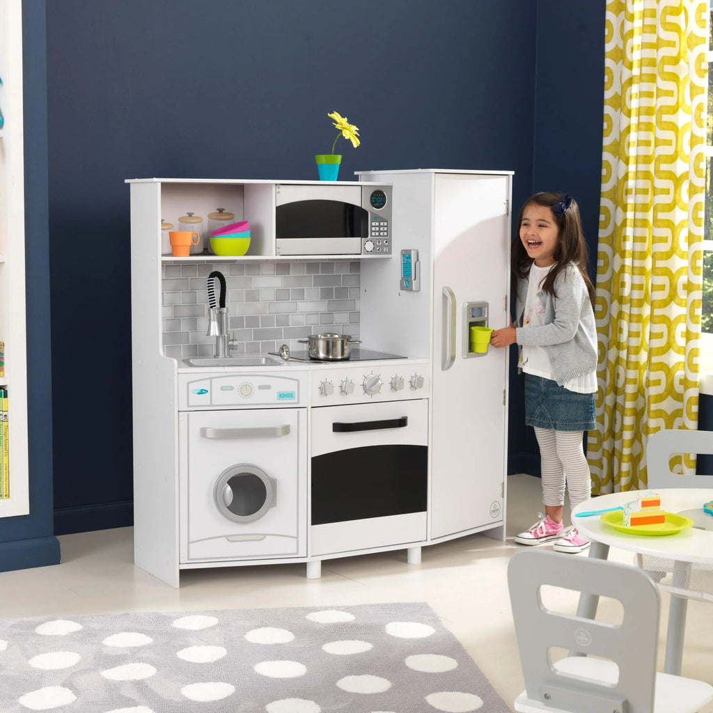 KidKraft Large Wooden Play Kitchen with Lights & Sounds, Icemaker, Play Phone – White