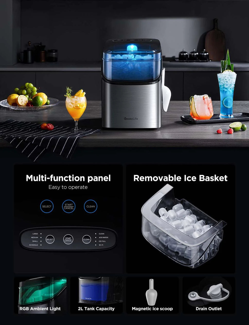 2025 GoveeLife Máquina de Hielo Inteligente con Control por Voz – 9 Cubos en 6 Minutos, 3 Tamaños, 12 kg/24h, Autolimpiante, Iluminación RGB, Silenciosa, con Pala – Negra